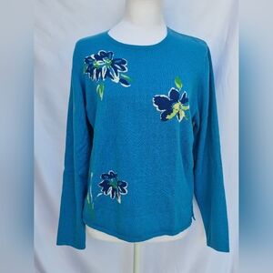 PENDLETON Blue Floral Pullover sweater VINTAGE-Style Women's Knit top Size L